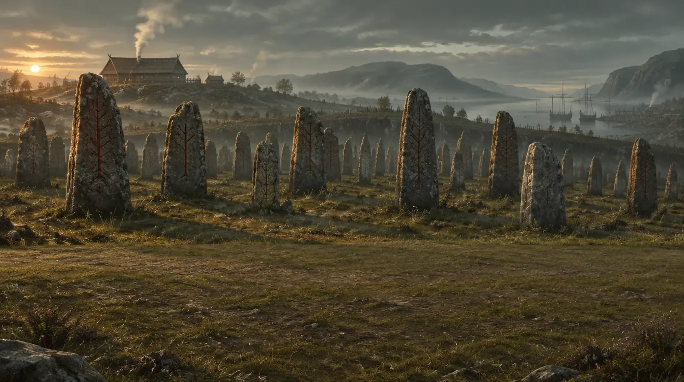 Ladang menhir saat senja, balai kayu Saxon di punggung bukit kiri dan tiang kapal Norse di fjord kanan.