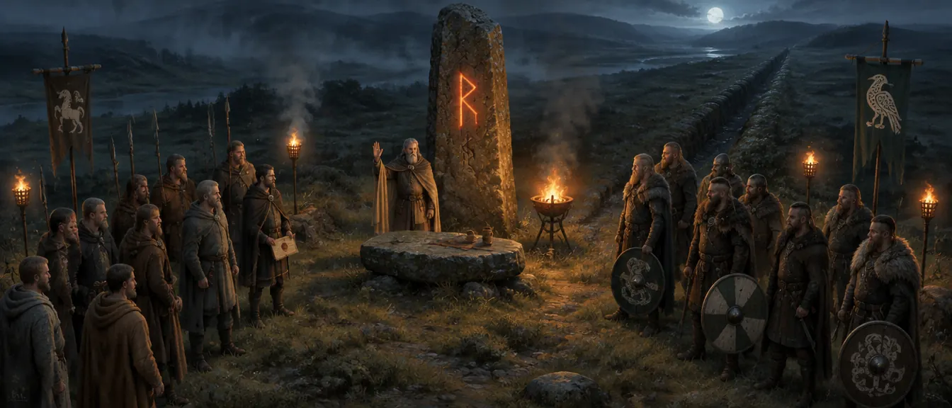 Pertemuan sumpah pada malam hari: utusan Saxon di kiri, utusan Norse di kanan, hakim berjubah pasir mengangkat tangan di depan menhir dengan satu rune menyala.