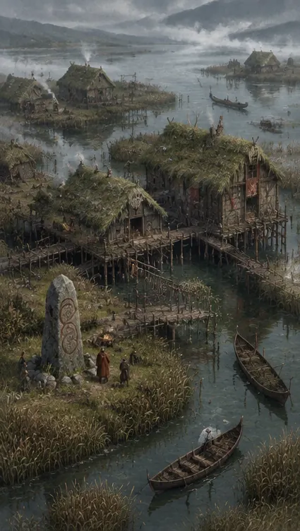 Desa rumah panggung beratap rumput di atas kanal rawa.