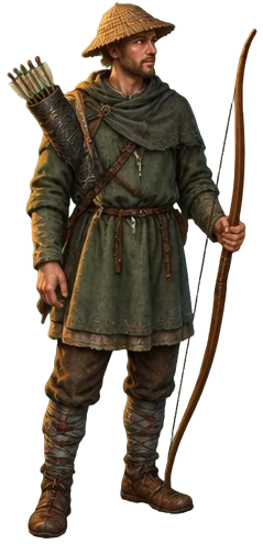 Eadwig, bertopi anyaman dengan busur yew.