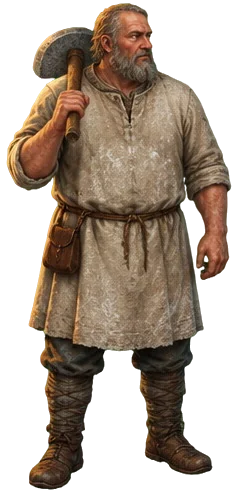 Godwine, berbaju tepung dengan beliung batu kincir.